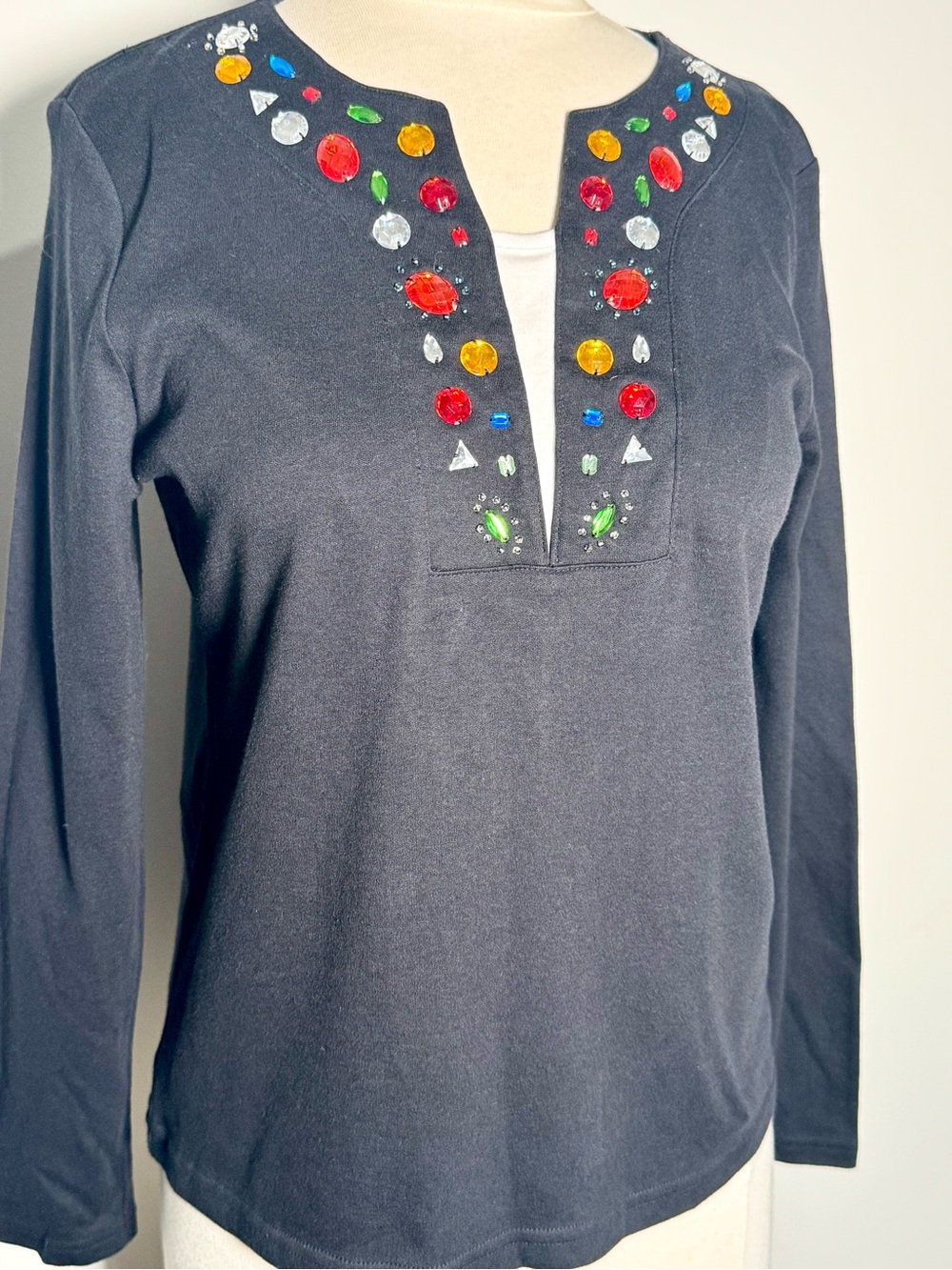 Embellished Black Long-Sleeve Women's Top with Multicolor Gems